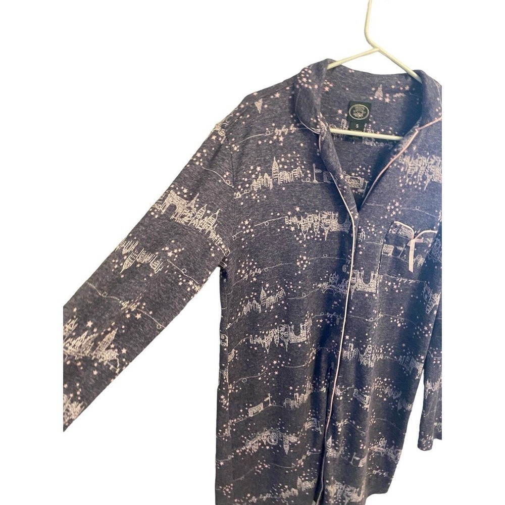 Laura Ashley Nightgown Size Small Blue Pink Trim City Lights Print Button Up - Picture 3 of 11